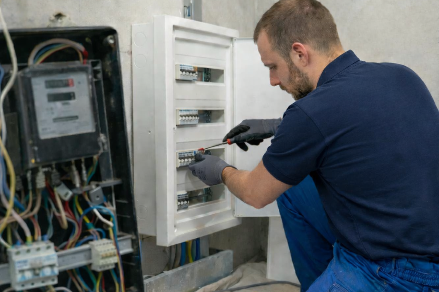 Elektricien werkt aan stopcontactpaneel